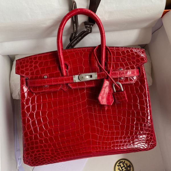 Replica Hermes Birkin 25 Handmade Bag In Red Crocodile Porosus Shiny Skin