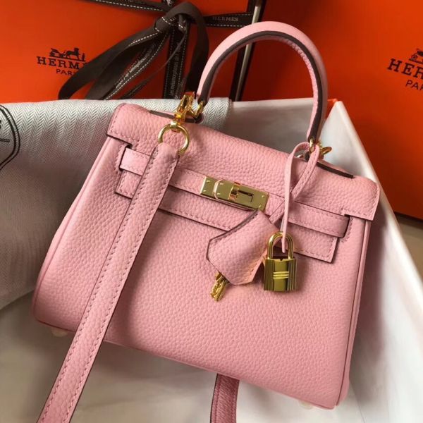 Replica Hermes Kelly 20cm Bag In Pink Clemence Leather GHW