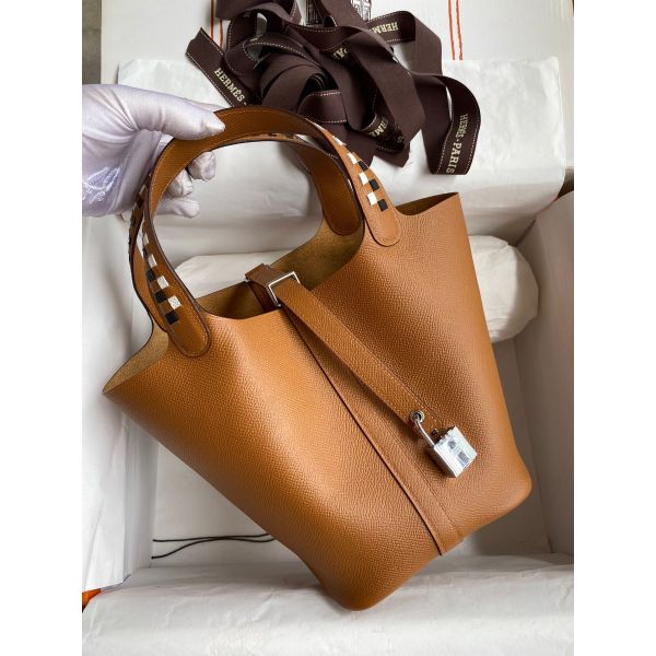 Replica Hermes Picotin Lock 18 Tressage De Cuir Bag in Gold Epsom Calfskin