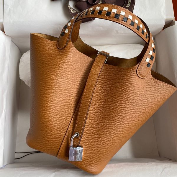 Replica Hermes Picotin Lock 18 Tressage De Cuir Bag in Gold Epsom Calfskin