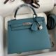 Hermes Kelly Sellier 25 Handmade Bag In Blue Jean Epsom Calfskin