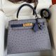 Hermes Kelly Sellier 25 Bicolor Bag in Gris Agate and Blue Ostrich Leather