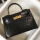 Hermes Kelly Mini II Bag In Black Embossed Crocodile Leather