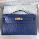 Hermes Kelly Pochette Handmade Bag in Blue de Malte Ostrich Leather