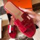 Hermes Oran Slide Sandals In Red Shiny Niloticus Crocodile Skin