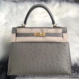 Replica Hermes Kelly 25cm Handmade Bag In Gris Asphalt Ostrich Skin