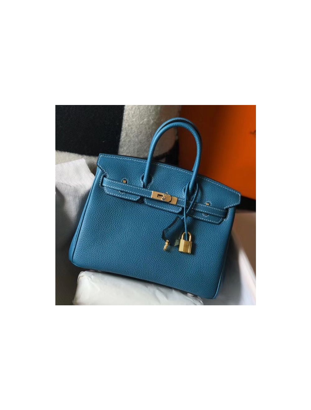Hermes Mangeoire Blue Jean Taurillon Clemence Leather Rope Handle Bucket Bag