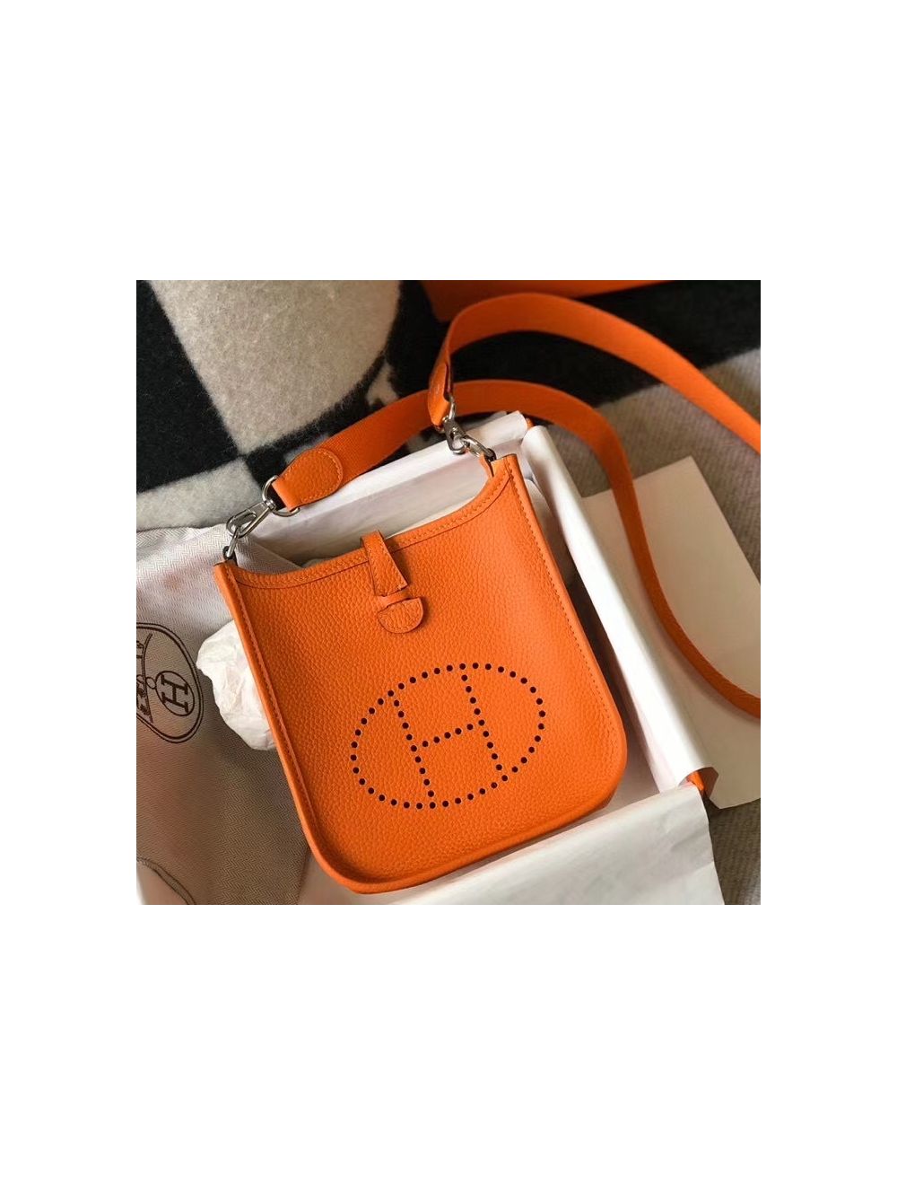 NEW IN BOX HERMES GIFTABLE Mini Evelyne Bag TPM Feu orange Silver HW  (Authentic)