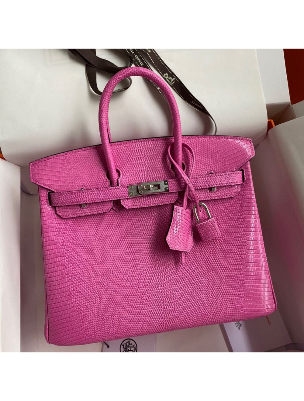 Replica Hermes Birkin 25 Retourne Handmade Bag In Pink Lizard Leather