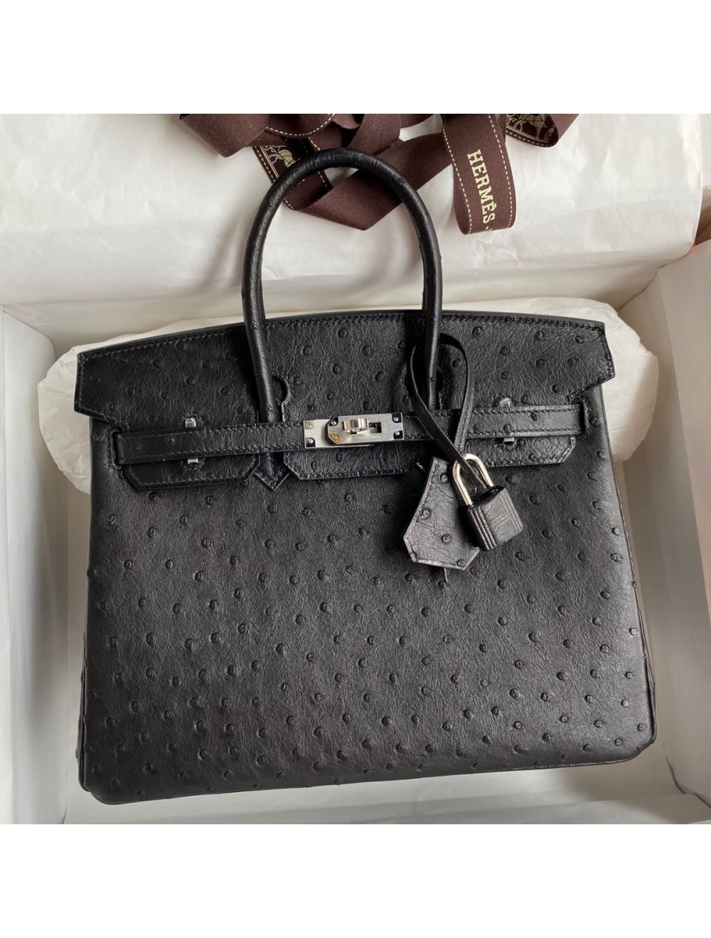 Replica Hermes Birkin 25 Retourne Handmade Bag In Black Ostrich