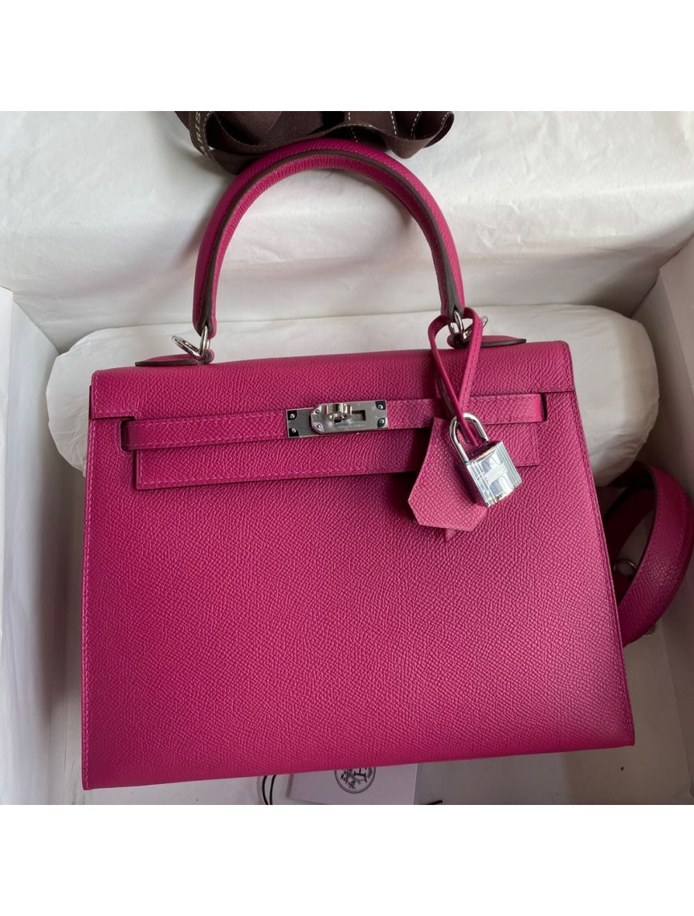 Hermes Kelly 25 Outer Sewing Epson Handbag Rose Purple Silver