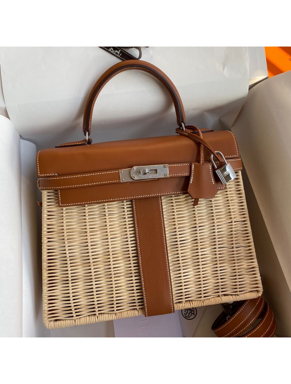 Replica Hermes Picnic Kelly 28cm Bag in Wicker with Barenia Leather