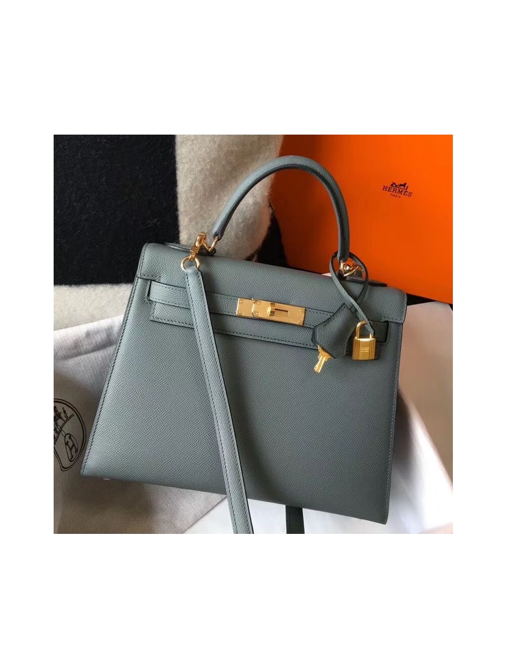 Hermes Kelly 28 Vert Amande Gray Epsom Sellier Bag New Color