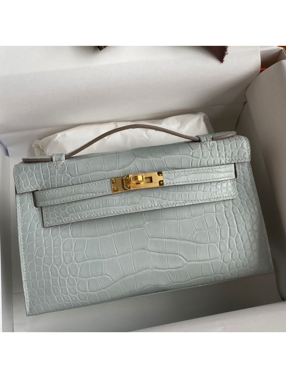 Replica Hermes Kelly Pochette Handmade Bag In Pearl Grey Matte