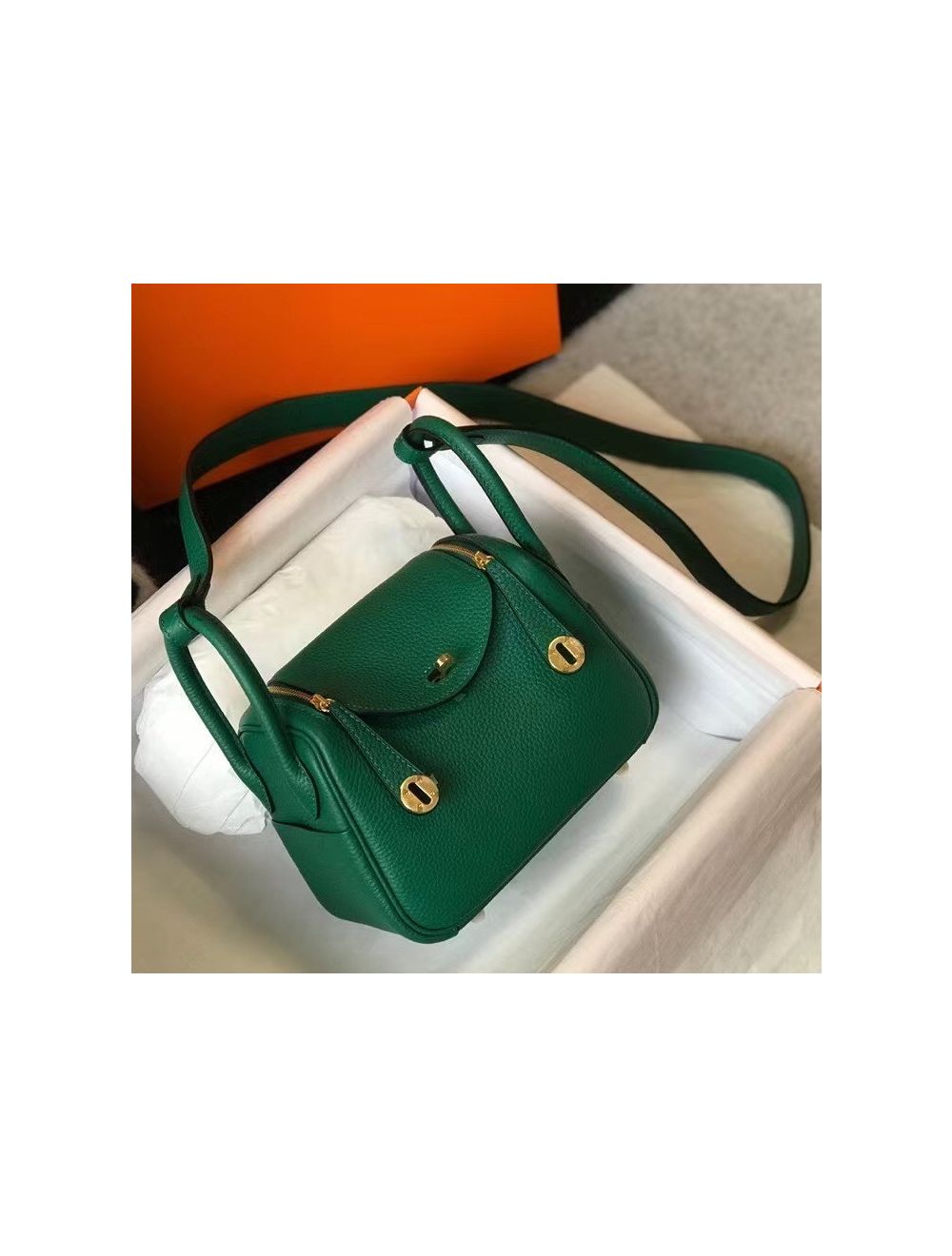 Replica Hermes Mini Lindy Handmade Bag In Vert Bosphore Clemence Leather