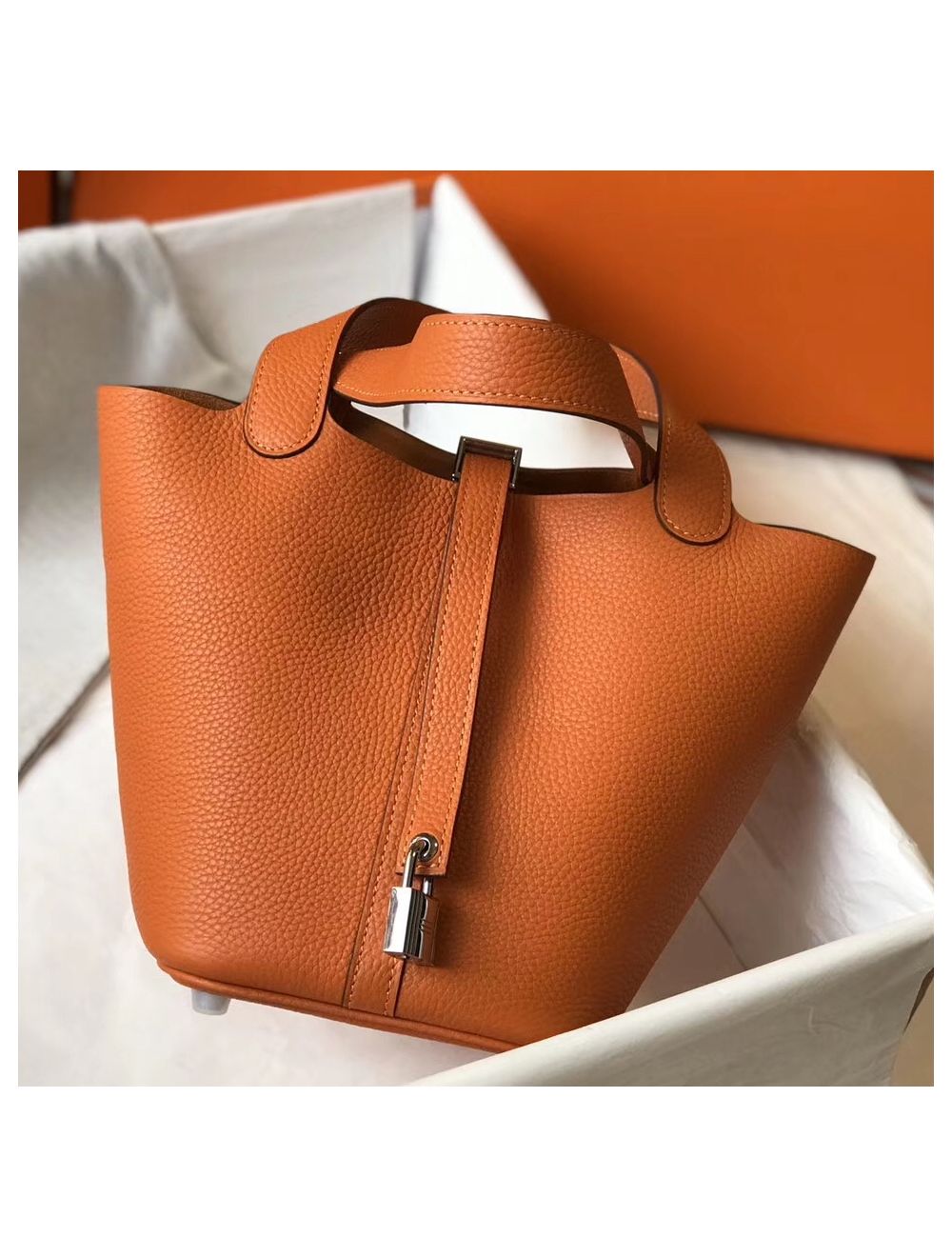 Hermes Clemence Leather Orange Poppy Picotin Lock 18 For Sale at 1stDibs