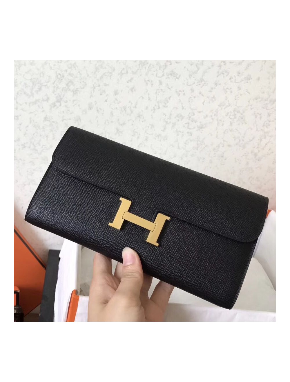 Shop HERMES CONSTANCE Leather Chain Wallet Long Wallets by