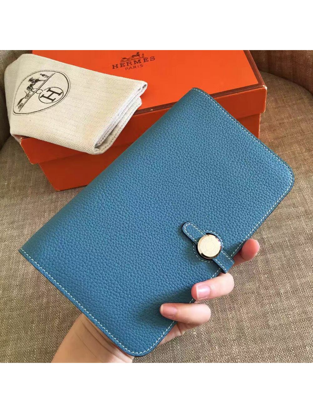 Sold at Auction: Hermes Blue Maurice Leather Dogon Duo Wallet