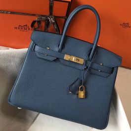 Hermes Birkin 25cm Handbag In Blue Agate Clemence Leather QY00272