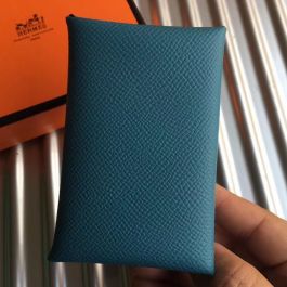 Hermes Bleu Zanzibar Epsom Leather Calvi Card Case - Yoogi's Closet