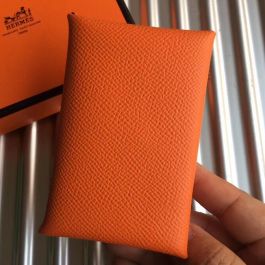 Handmade Epsom Leather Calvi Style Card Holder in Orange and Gris