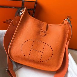 HERMES Evelyne PM Clemence Leather Crossbody Bag Orange