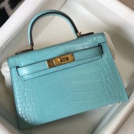 Kelly mini leather handbag Hermès Blue in Leather - 24190517