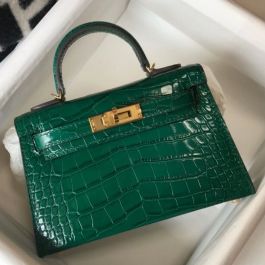 Replica Hermes Kelly Mini II Bag In Green Embossed Crocodile Leather