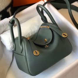 HERMES Taurillon Clemence Leather Mini Lindy Gold Buckle Handle Shoulder  Bag Blue