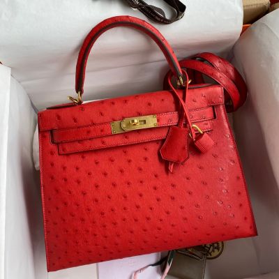 Hand Stitching Hermes Kelly Bag28CM Red Ostrich Leather Silver