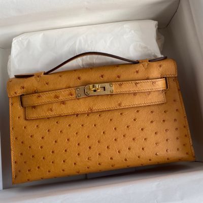 Replica Hermes Kelly Pochette Handmade Bag In Jaune Ambre Ostrich Leather